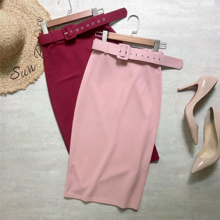 AW 通勤 サマー スプリット ワンステップスカート ベルト付き シフォン ストレッチ[K](T)