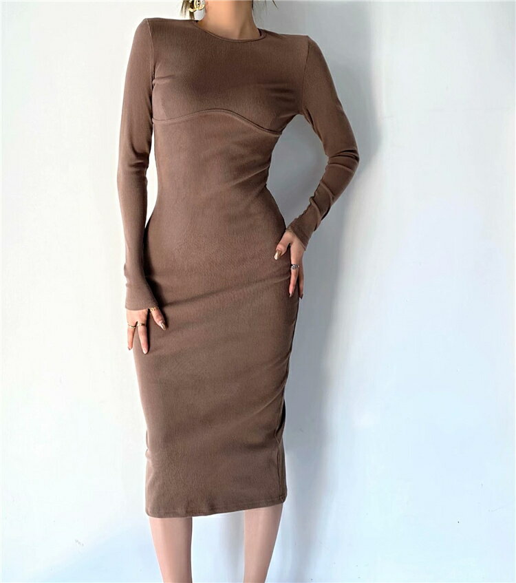 快適 ラウンドネック ミディアム丈 エレガント 長袖[K](T)