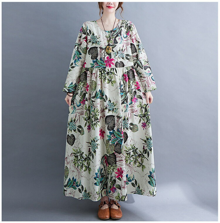 ロングスカート プリント 長袖 ワンピース 大きいサイズ レトロ[K](T)