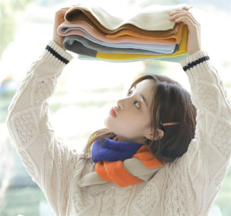 リピーターが多い 暖かい ニット カラーブロッキング スカーフ ネックサポート かわいい[K](T)