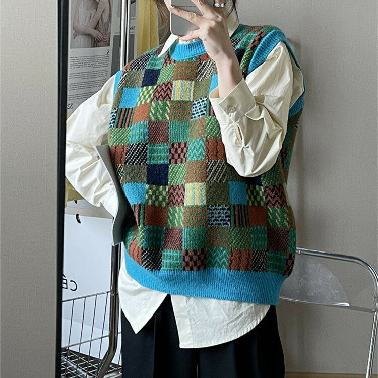 コーデを格上げ ラウンドネック 袖なし ニット ベスト レトロ ゆったり[K](T)