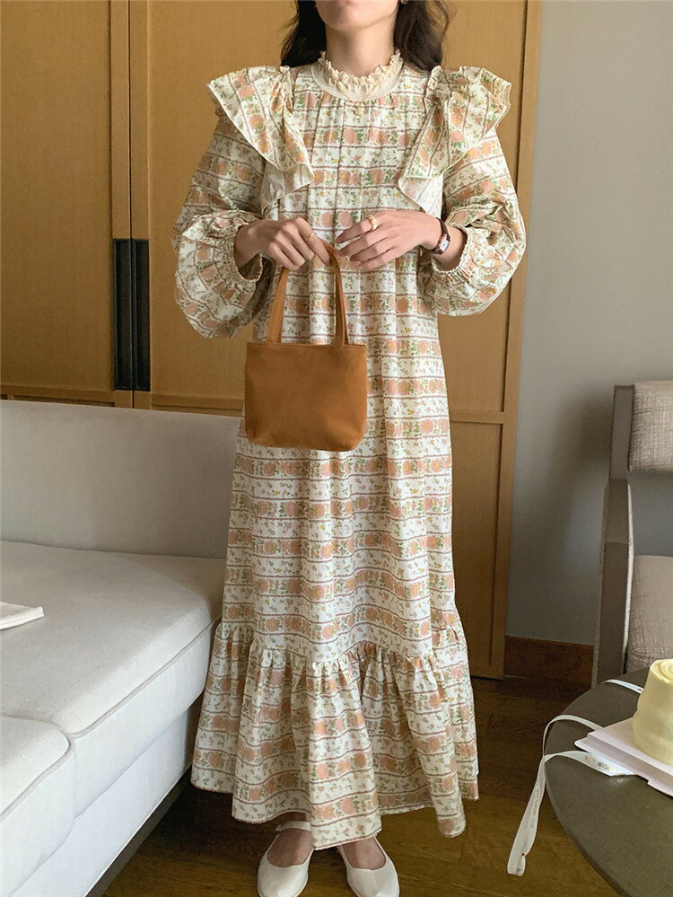 ワンピース スタンドカラー フリル ロングスカート 長袖 格子縞[K](T)