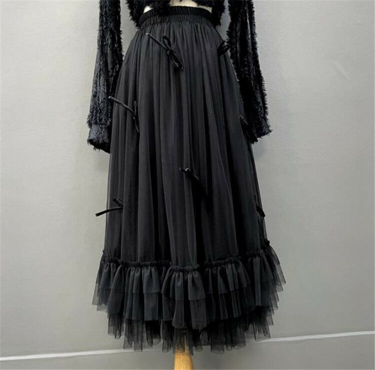 韓国ファッション 大きいサイズ裾 Aライン フォールド 蝶結び チュールスカート[K](T)