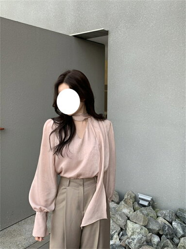 エレガンス Vネック ネクタイ ランタンスリーブ シャツ (T) エレガンス Vネック ネクタイ ランタンスリーブ シャツ (T)