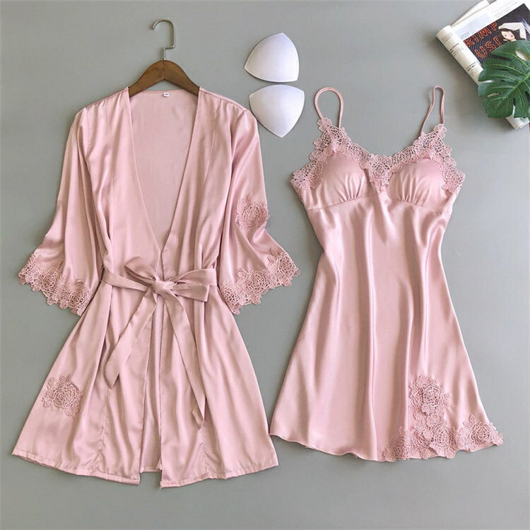 女性らしいシルエット 韓国ファッション セクシー 2点セット キャミワンピ パジャマ 胸パッド付き[K](T)