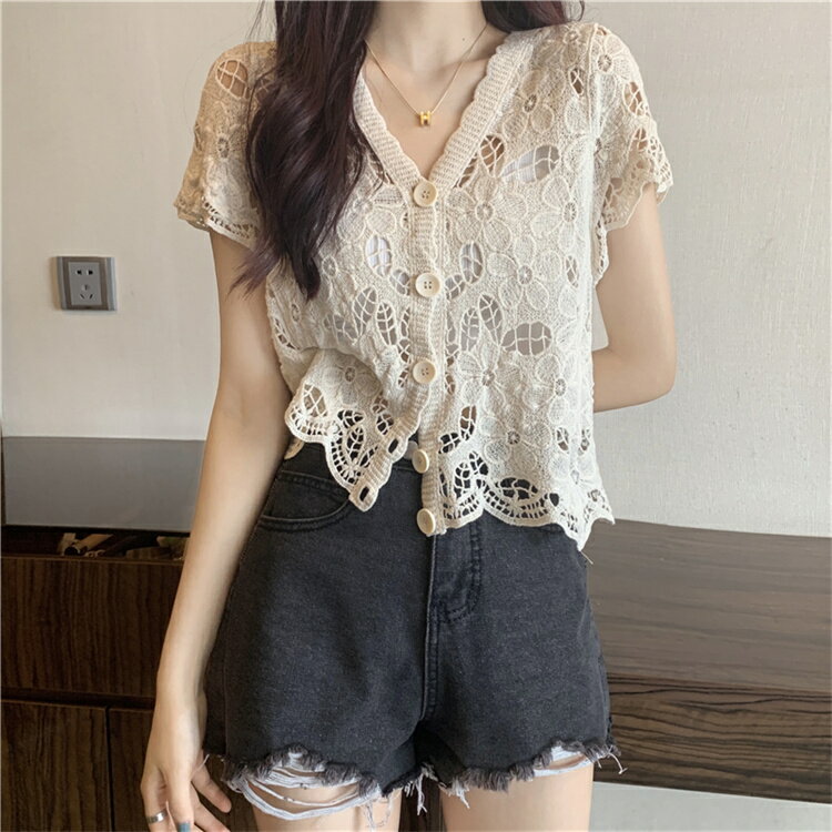 Vネック フォーリンスタイル カーディガン 半袖[K](T)