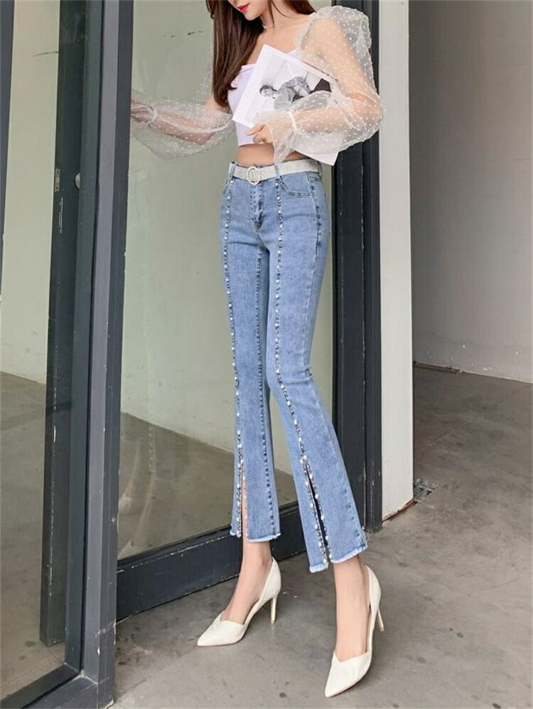 個性的 ハイウエスト ストレッチ デニム フレアパンツ スプリット 九分丈パンツ[K](T)
