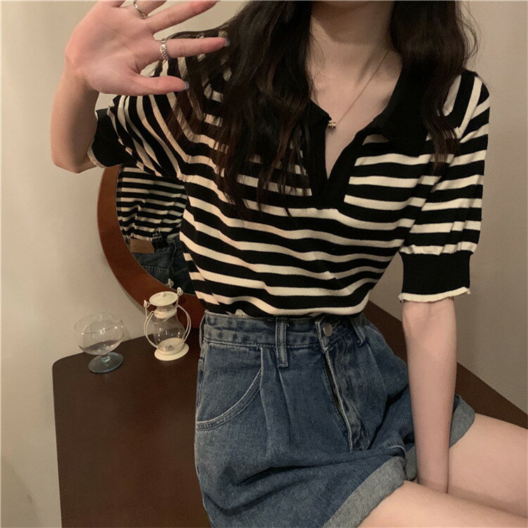 編みトップス ポロカラー ストライプ 半袖 女性[K](T)