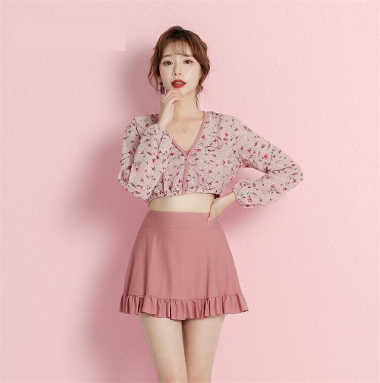 アウトドア ビーチ プール ナイトプール 水着 長袖 スカート セット 花柄 スリム[K](T)