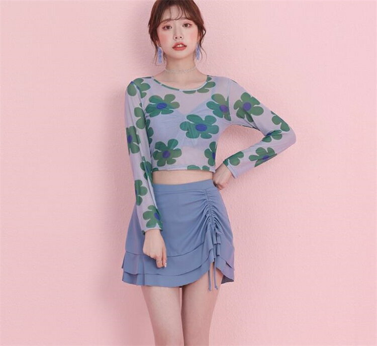 ビーチ プール ナイトプール 長袖 フラットアングル フローラル 水着 3点セット 快適[K](T)