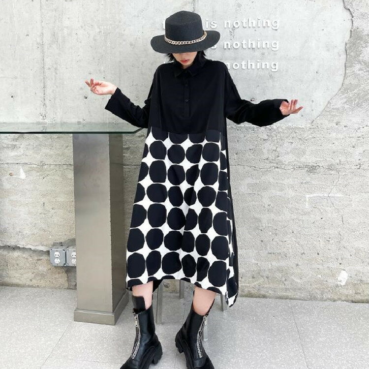 大人キレイ 通勤 ワンピース 長袖 シャツワンピース アシメワンピ ドット柄 プリント[K](T)