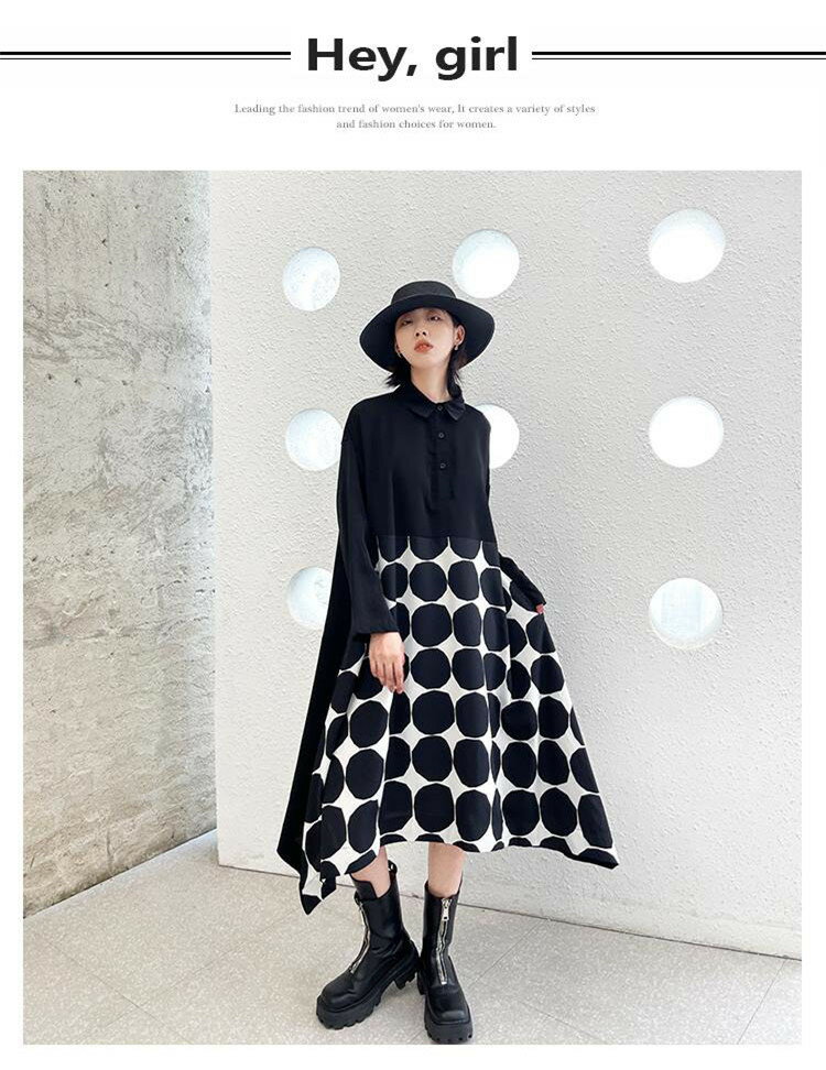 大人キレイ 通勤 ワンピース 長袖 シャツワンピース アシメワンピ ドット柄 プリント[K](T)