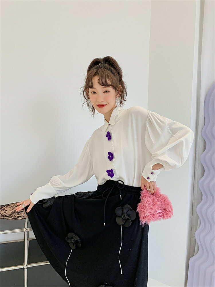 韓国ファッション シャツ デザインセンス 花びら レトロ ウール 花飾り 長袖 (T)