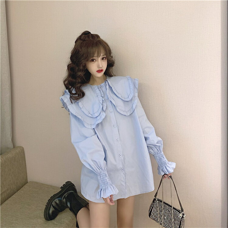 デートテクニック おしゃれ 長袖 フリル トップス 襟付き[K](T)