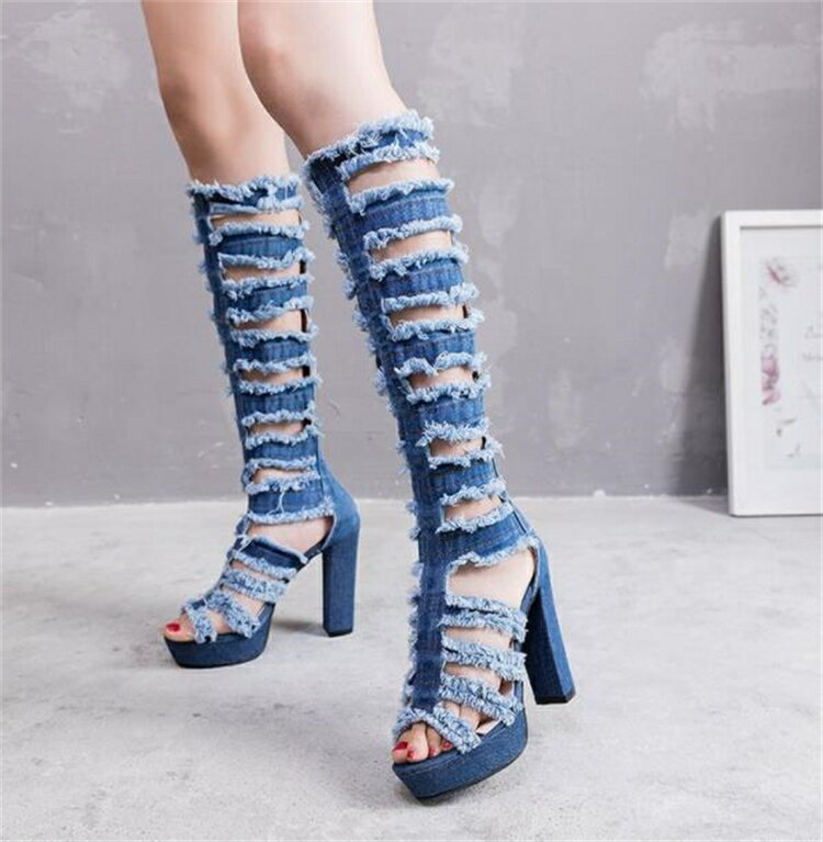 サンダル 通気性 デニム ロングブーツ ピンヒール オールシーズン[K](T)