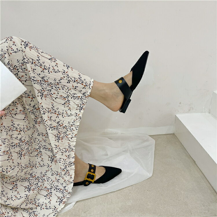 通勤 ミュール レトロ ポインテッドトゥ フラットシューズ[K](T)