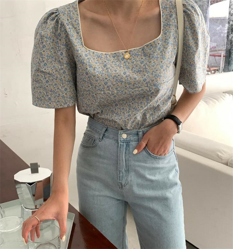 女性美up ショート シャツ パフスリーブ トップス 女性 スクエアネック フローラル[K](T)