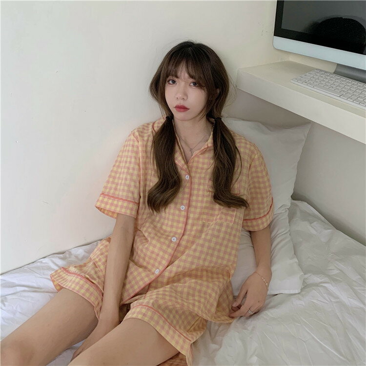 可愛い 格子縞 トップス パジャマ ルームウェア 2点セット トレンド[K](T)