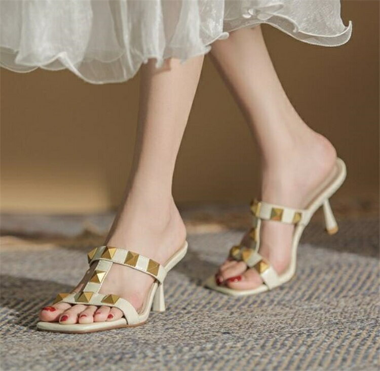 快適 ミュール オープントゥ シンプル リベット ファッション[K](T)