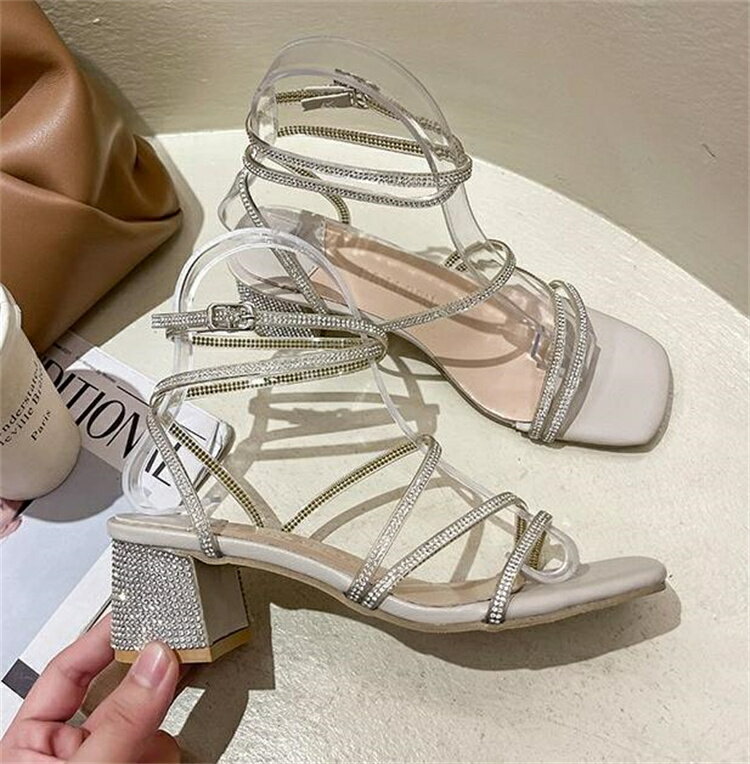 海外セレブ おしゃれ ピンヒール ラインストーン 厚手のヒール ローマの靴[K](T)