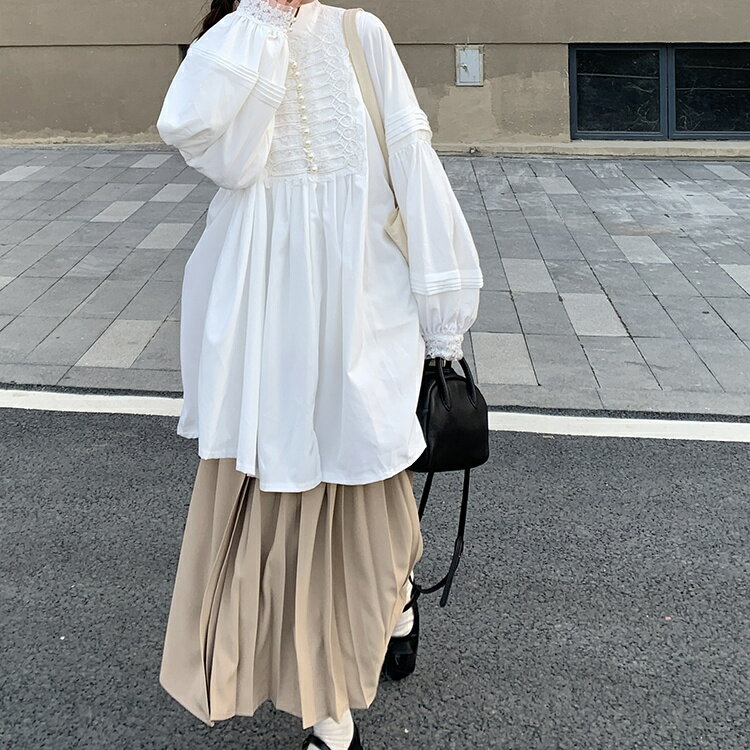 ワンピース レディース フレンチ レトロ 宮廷風 高級感 豪華刺繍 フリル レース 切り替え スリムフィット エレガント Aライン スタンドカラー 長袖 ラッパ袖 ハイウエスト ミモレ丈 通勤スタイル 清楚 上品 浅米色