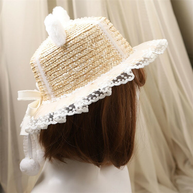 ロリータ レース 蝶結び 猫耳 麦わら帽子 可愛い系 可愛い[K](T)