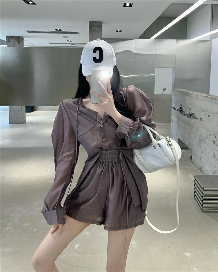 ワイドレッグ ショートパンツ パフスリーブ 2点セット 日焼け防止[K](T)