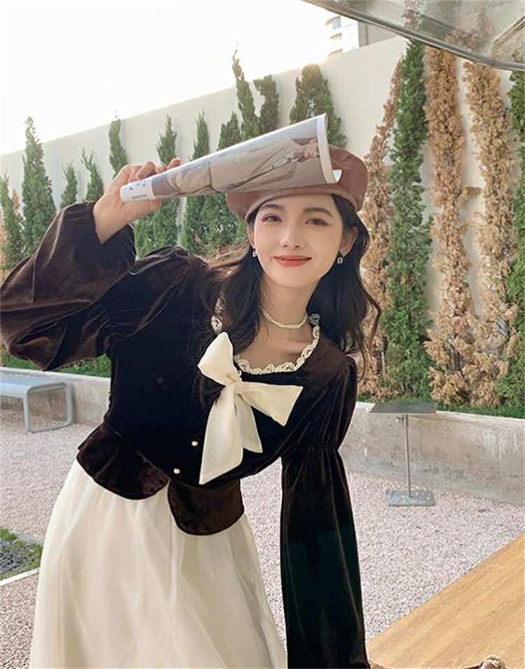 韓国ファッション ロングスカート コントラストカラー ベルベット ワンピース の服[K](T)