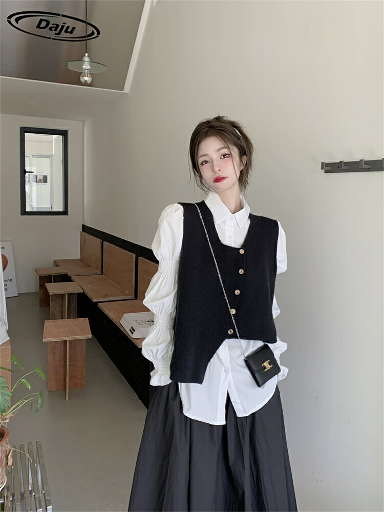 きれいめ 3点セット パフスリーブ ニットベスト ハイウエスト[K](T)