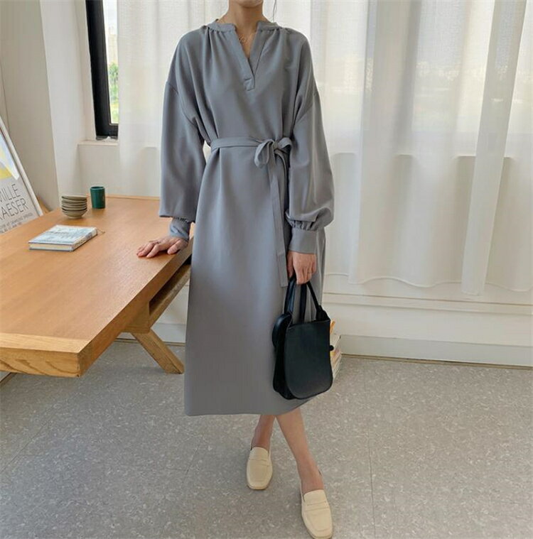 ロングスカート トレンド レースアップ Vネック ピュアカラー ワンピース[K](T)