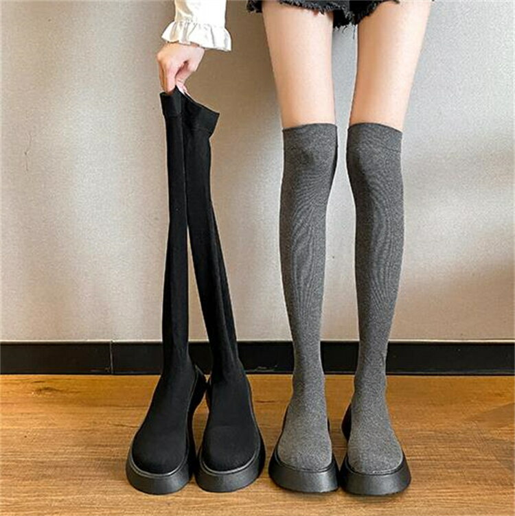 ニーハイブーツ 厚底 ロングチューブ ニット オシャレ[K](T)