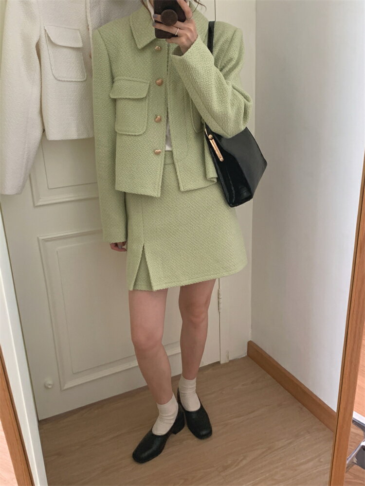 INSスタイル 短いスリットミニスカート 2点セット ツイードジャケット (T)