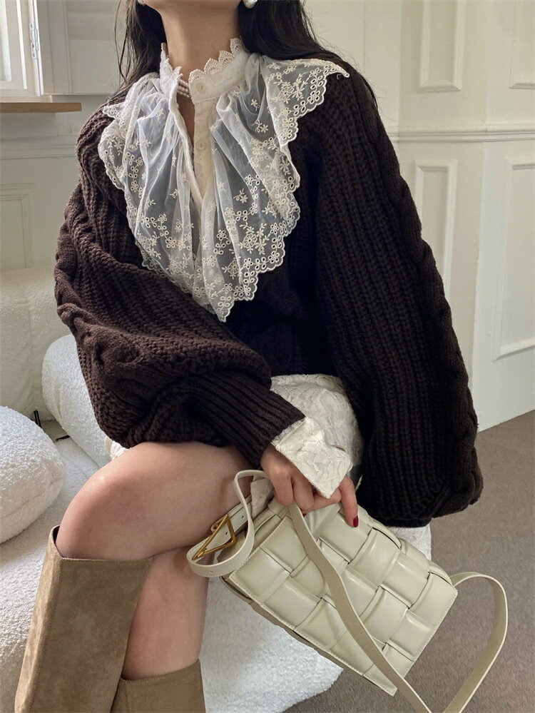 大人キレイ 韓国ファッション ランタンスリーブ ニットトップス セーター ネックライン[K](T)