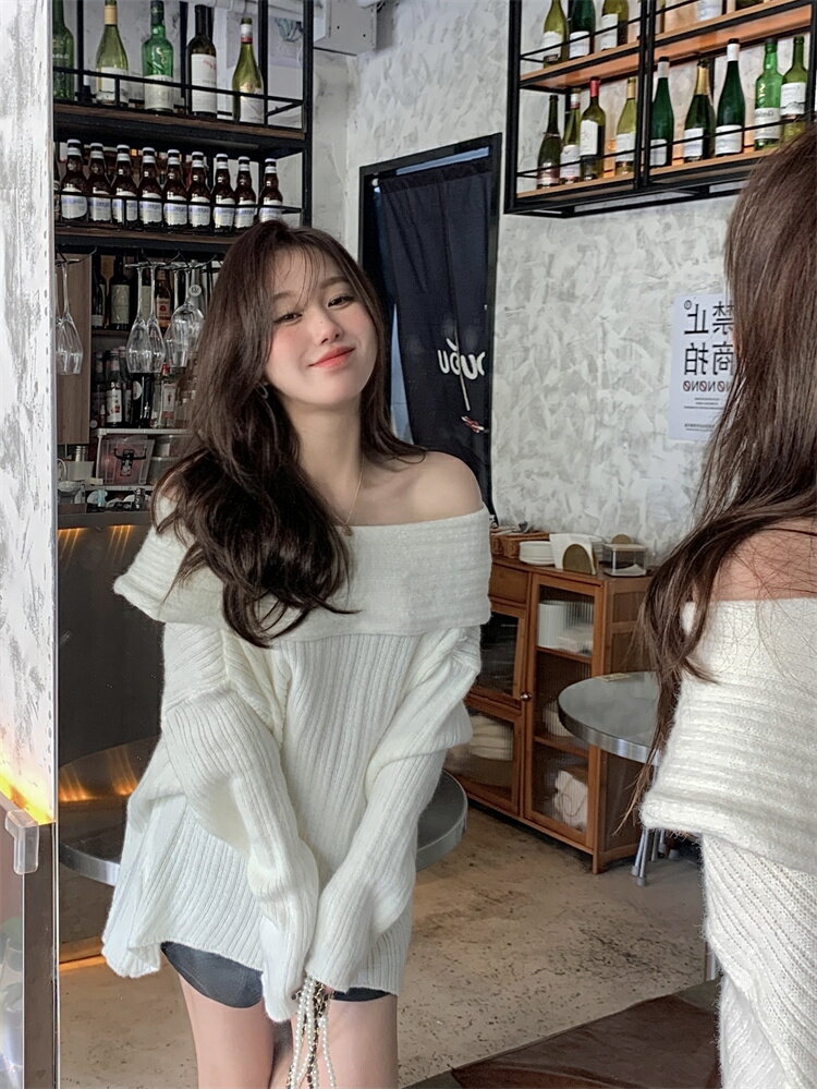 スリム ワンショルダー ゆったり 長袖 ニットトップス[K](T)