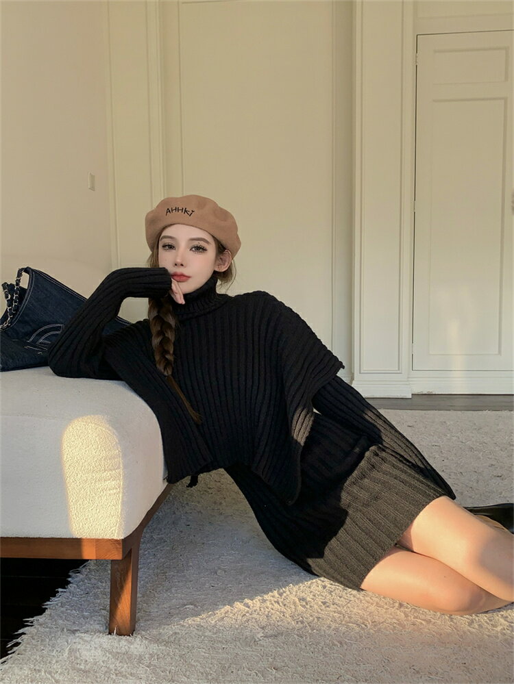 選べる4色 韓国ファッション ハイウエスト ミニスカート 長袖 セーターワンピース 2点セット トレンド[K](T)