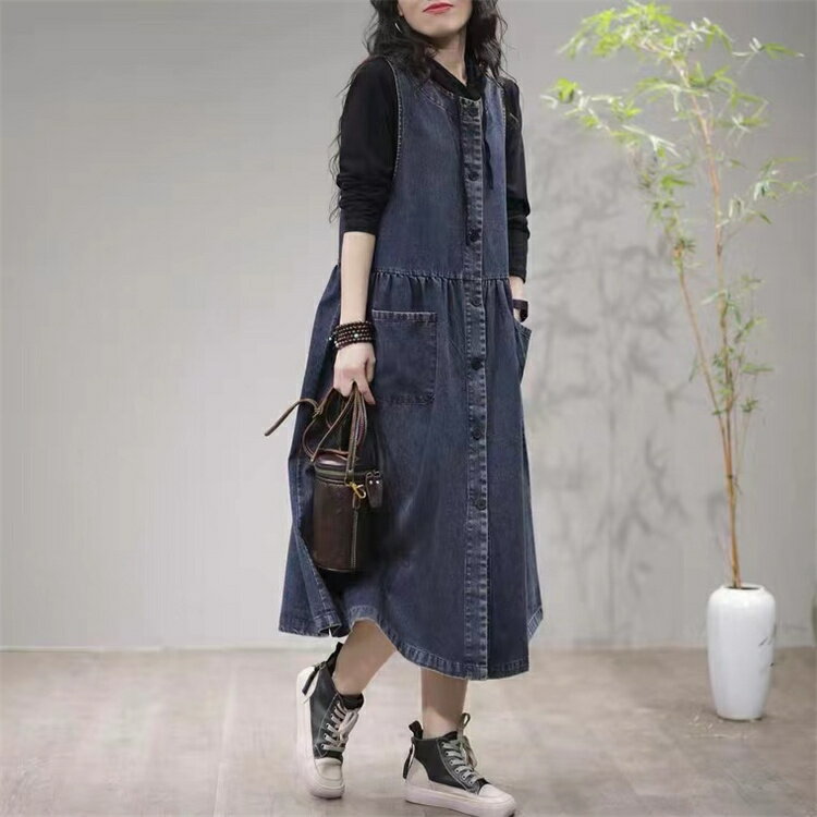 デニム ジャンパースカート ワンピース ロングスカート[K](T)