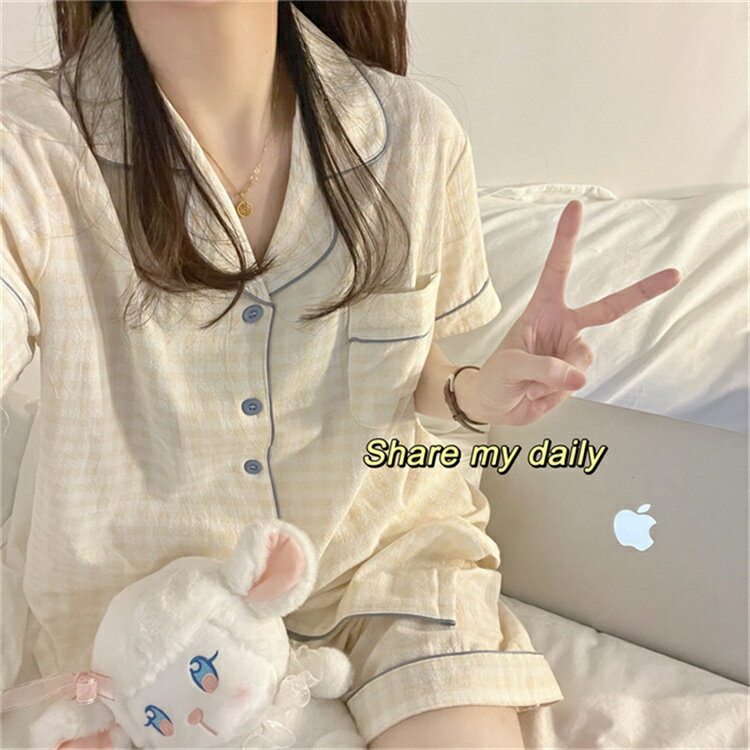 格子縞 ショートパンツパジャマ 夏 ルームウェア (T)