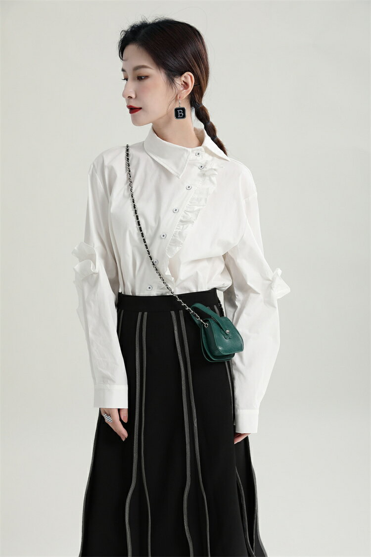 ブラウス フリル 長袖 シャツ 快適 中国式 非対称襟 中丈[K](T)