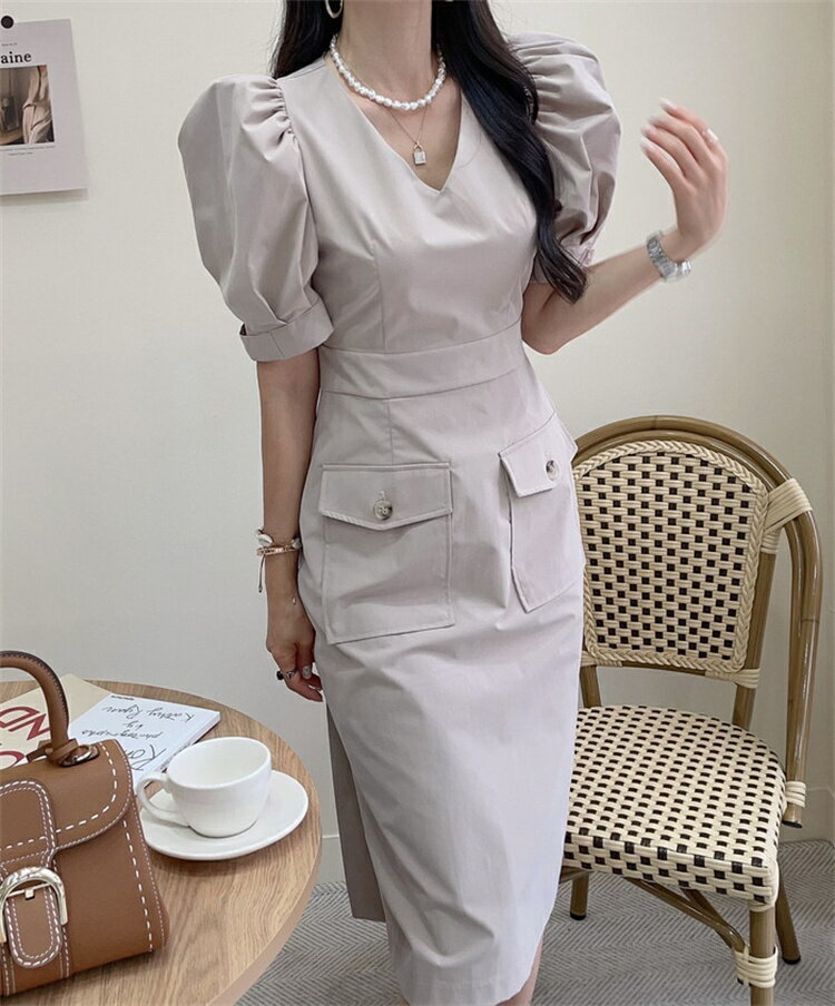 韓国ファッション 通勤 パフスリーブ 細身 半袖 Vネック トレンド ひざ丈 ワンピース[K](T)