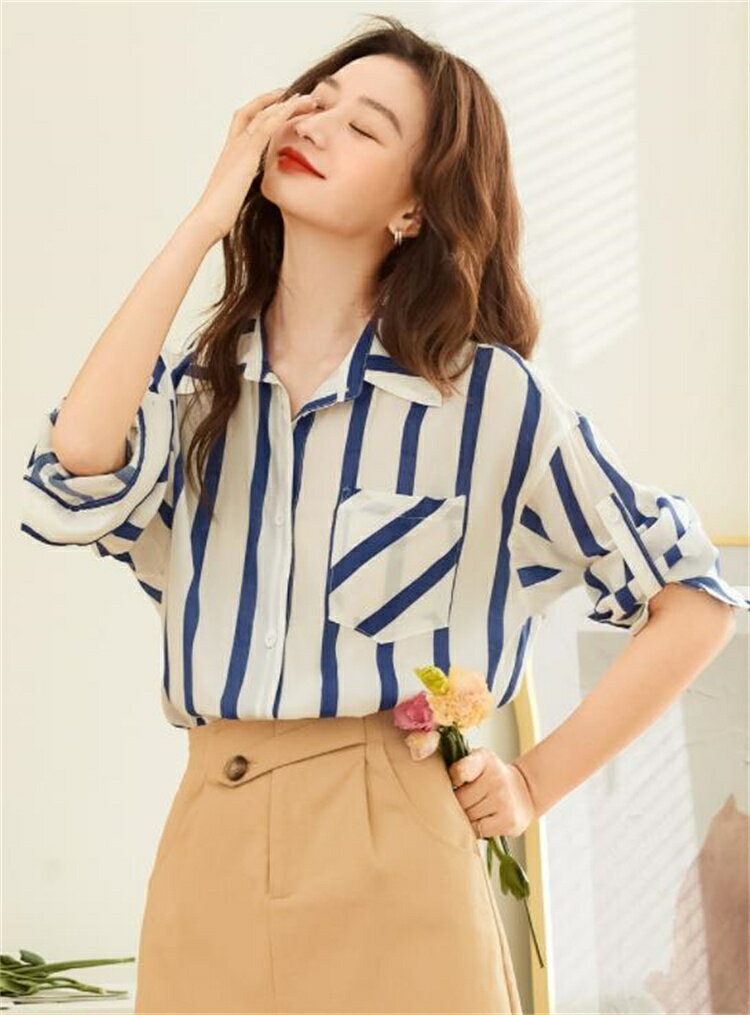 おしゃれ 通勤 ストライプ スリム シンプル ユニークなデザイン シャツ 上着[K](T)