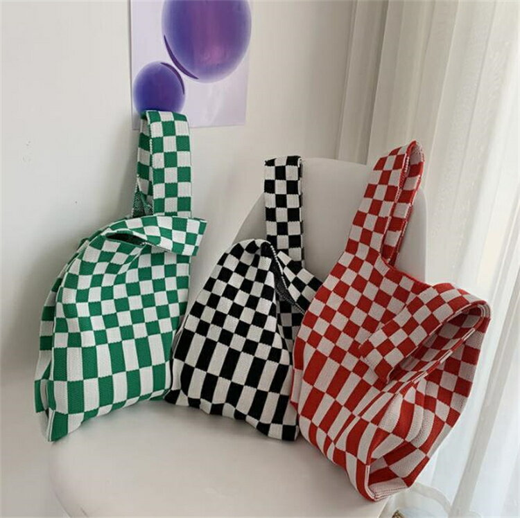 個性的 的 韓国ファッション トートバッグ ニット 手提げ袋 エコバッグ 8colors チェック柄[K](T)