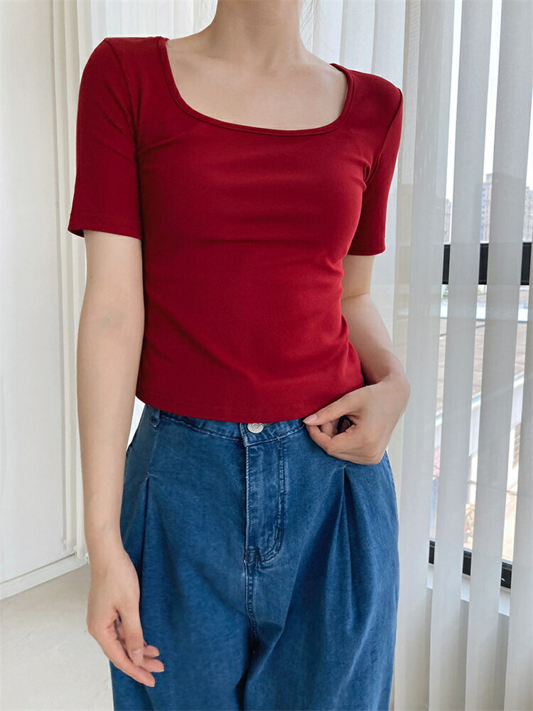 スクエアネック トップス ハイウエスト カジュアル風 ショート丈 上着[K](T)(4)