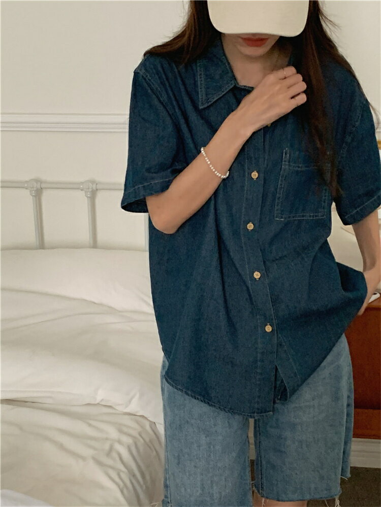 楽天グリンファクトリーリピーター多数 韓国ファッション トレンド デニムシャツ トップス 半袖ブラウス 快適[K]（T）