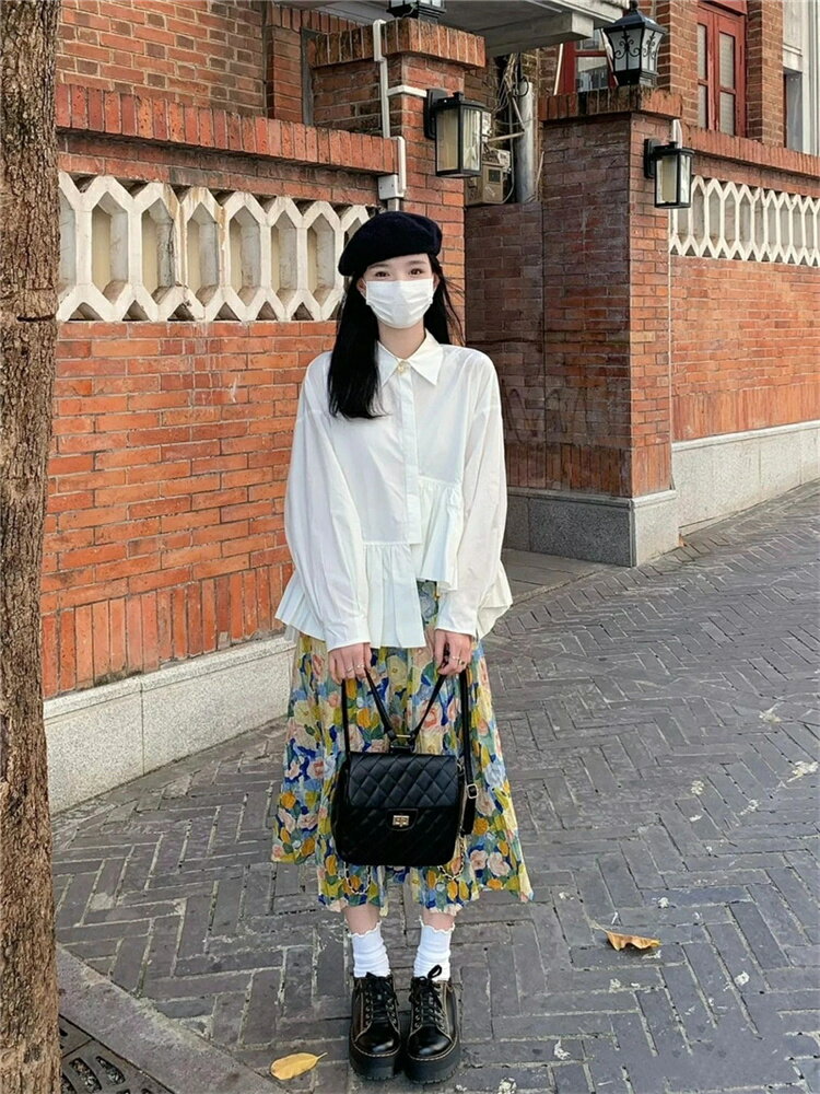 韓国ファッション ロングスカートフリル トップス 長袖シャツ 2点セット[K](T)
