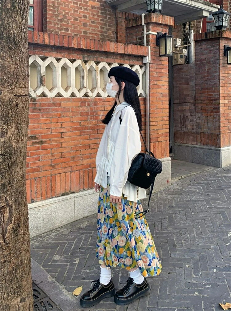 韓国ファッション ロングスカートフリル トップス 長袖シャツ 2点セット[K](T)