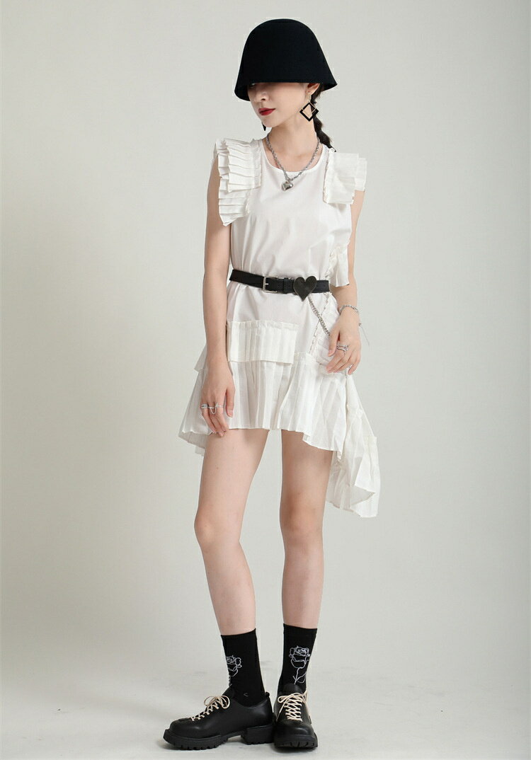 小飛袖ワンピース フリルスカート 薄款 ミニスカート[K](T)