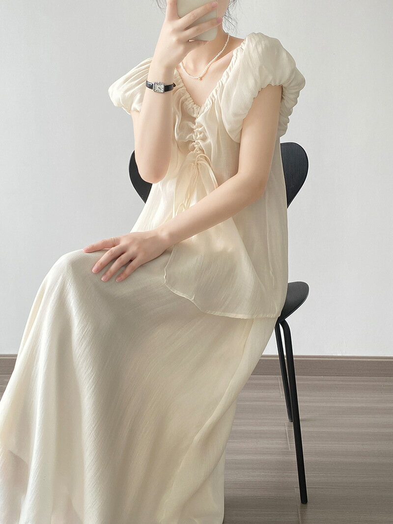 美シルエット 半袖トップス 快適 ロングスカート 2点セット[K](T)