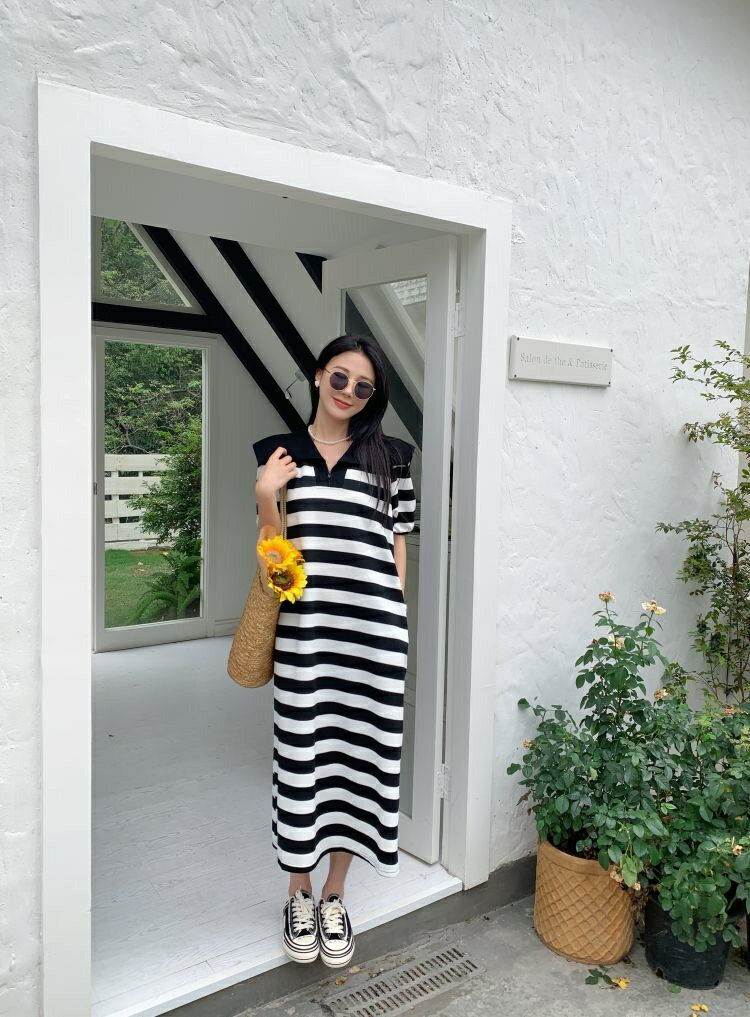 ストライプスカート ゆったり 半袖ワンピース ロングスカート[K](T)