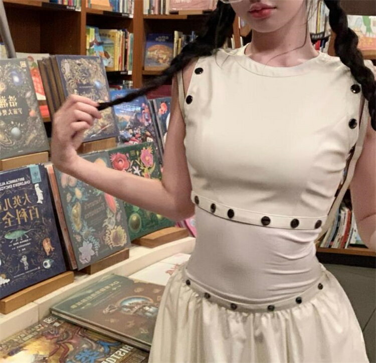 ソリッドカラー 2点セット ボタン スリム ロングスカート 袖なしベスト 取り外し可能[K](T)