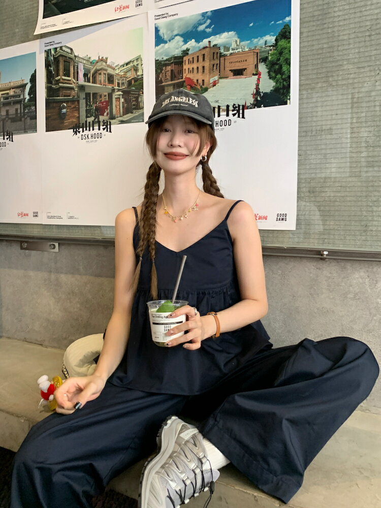 リピーター多数 韓国ファッション 2点セット ゆったり ベアトップ ロングパンツ[K](T)